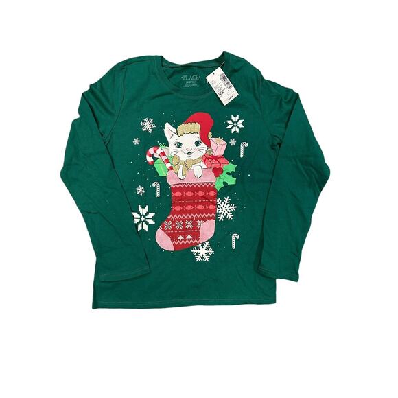 Girls Cat Stocking Graphic Tee - Park Bench Green - Picture 2 of 6